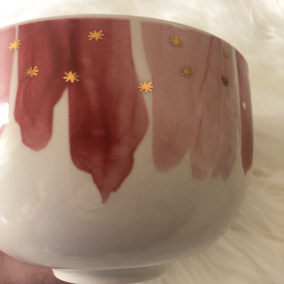 Anthropologie Night Sky Bowl Stoneware Red Pink Drip Watercolor Wash Gold Star - Picture 1 of 4